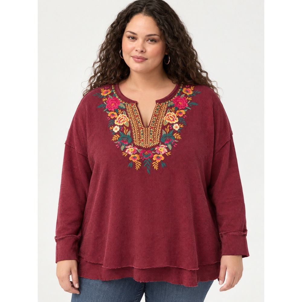 Johnny Was Los Angeles 1X Burgundy Waffle Knit Floral Embroidered Top J18118-8LX